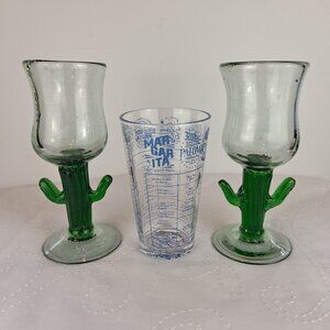 2 Mexican Glass Margarita Glasses & Margarita Recipe Measure Glass